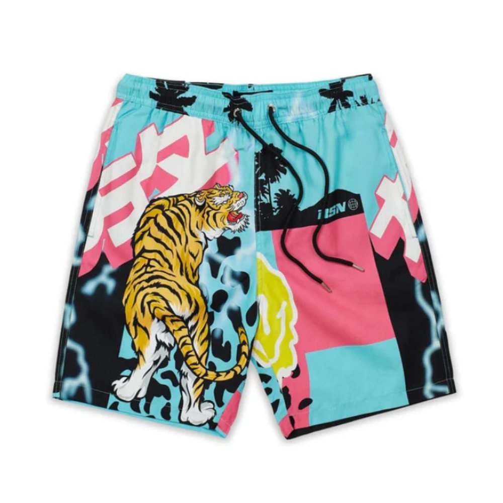 New Reason Tiger Palm Tree Shorts Swim Trunks Blue Pink Men's Size Medium